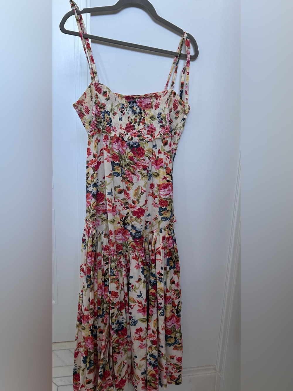 Floral Smocked Maxi Dress - Cream with Pink & Blue Flowers